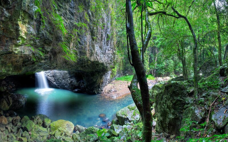 Waterfall in Forest Cave — Green, Serene, Afternoon