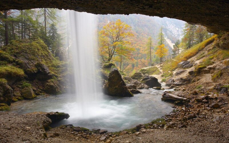 Waterfall in Forest Cave — Green, Serene, Autumn