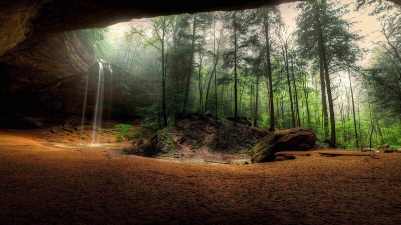 Waterfall in Forest Cave — Green, Serene, Morning