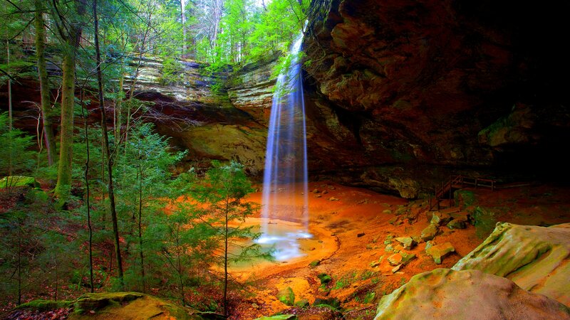 Waterfall in Forest Cave — Green, Serene