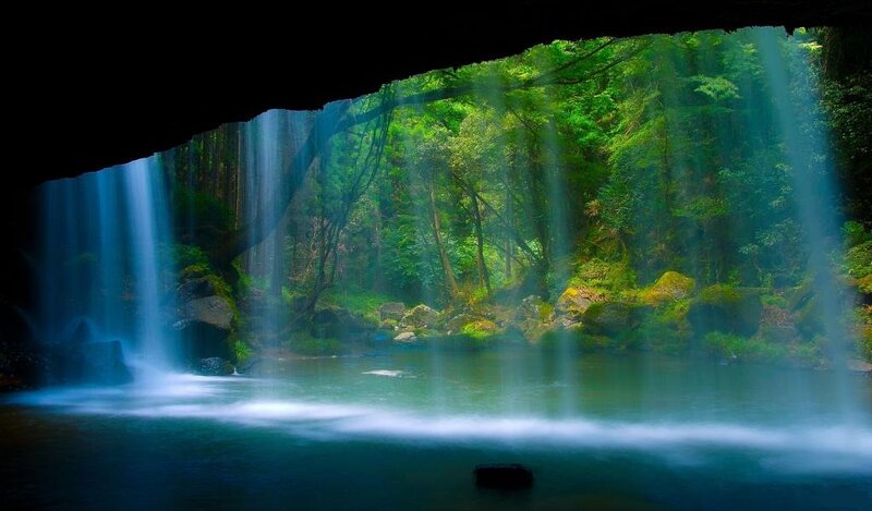 Waterfall in Forest Cave — Green