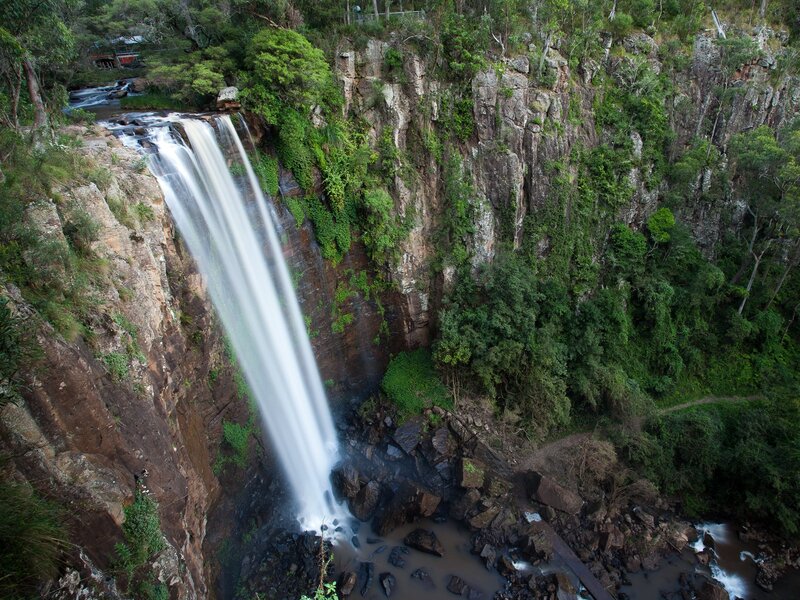 Waterfall in Forest — Cliff, Trees