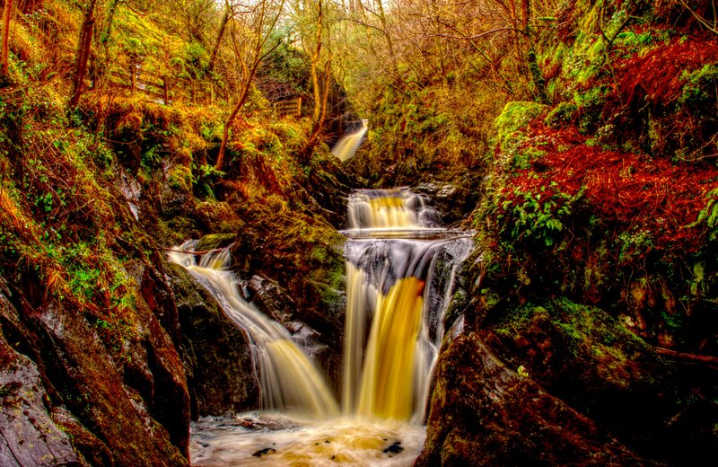 Waterfall in Forest Gorge — Green