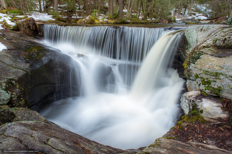Waterfall in Forest — Gray, Serene, Winter, Photograph, Rocks