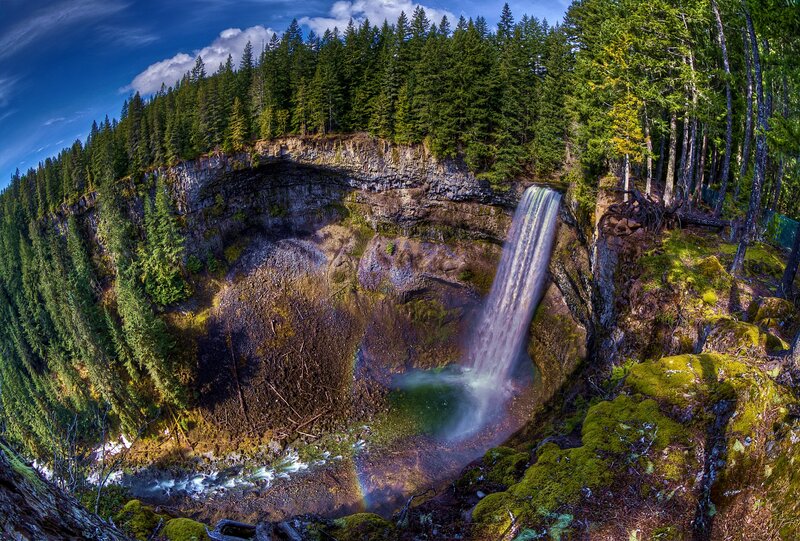 Waterfall in Forest — Green, Dramatic, Afternoon, Photograph, Cliff, Rainbow