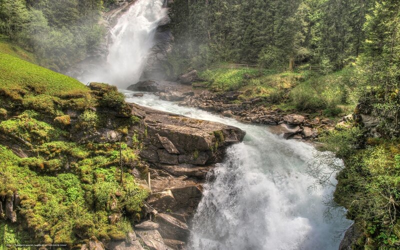 Waterfall in Forest — Green, Dramatic, Afternoon, Photograph, River, Rocks