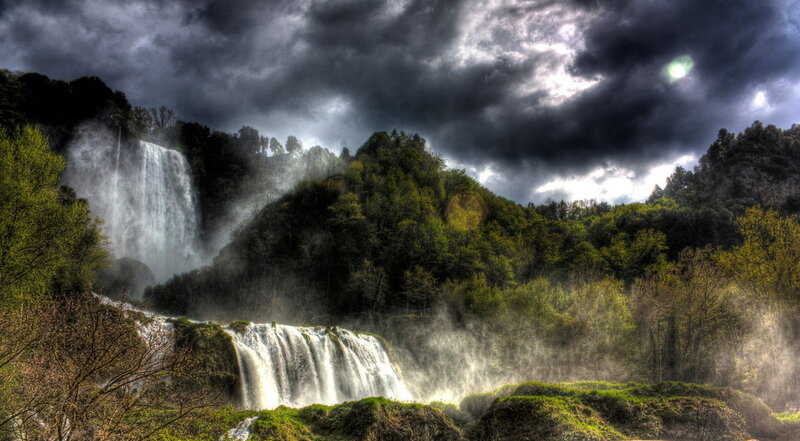 Waterfall in Forest — Green, Dramatic, Afternoon, Photograph, Trees, Clouds
