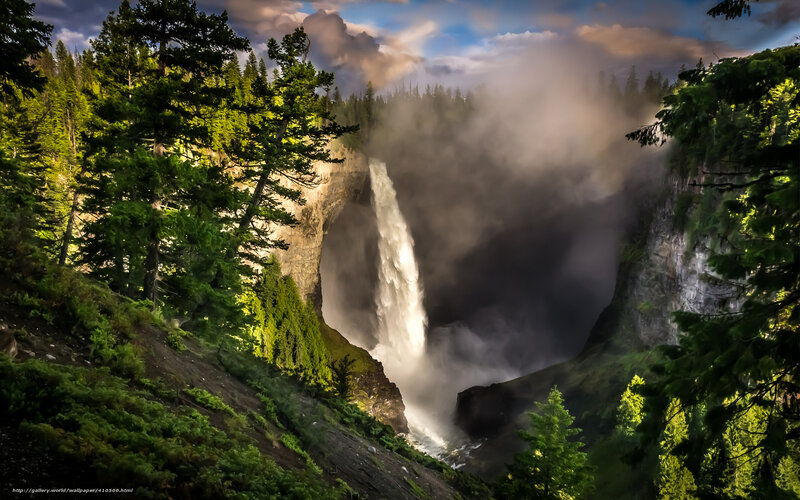 Waterfall in Forest — Green, Dramatic, Afternoon, Photograph, Trees, Mist, Cliff