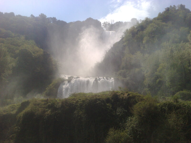 Waterfall in Forest — Green, Dramatic, Afternoon, Photograph, Trees, Mist, Sky