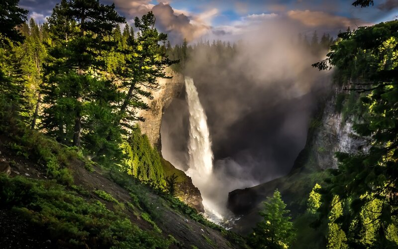 Waterfall in Forest — Green, Dramatic, Afternoon, Photograph, Trees, Mist