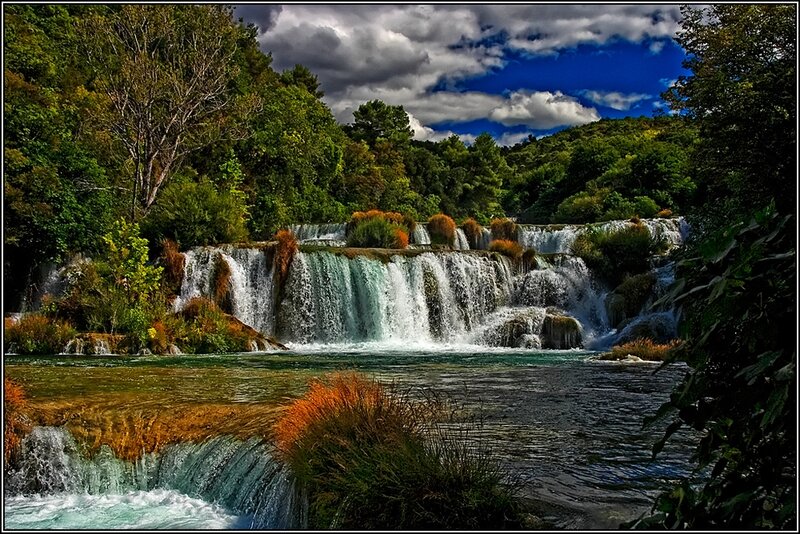 Waterfall in Forest — Green, Dramatic, Afternoon, Photograph, Trees, River