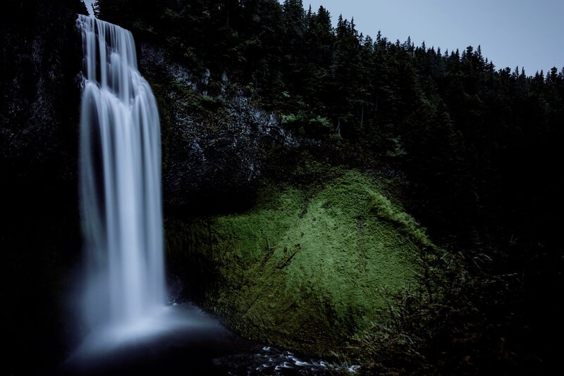 Waterfall in Forest — Green, Dramatic, Night, Photograph