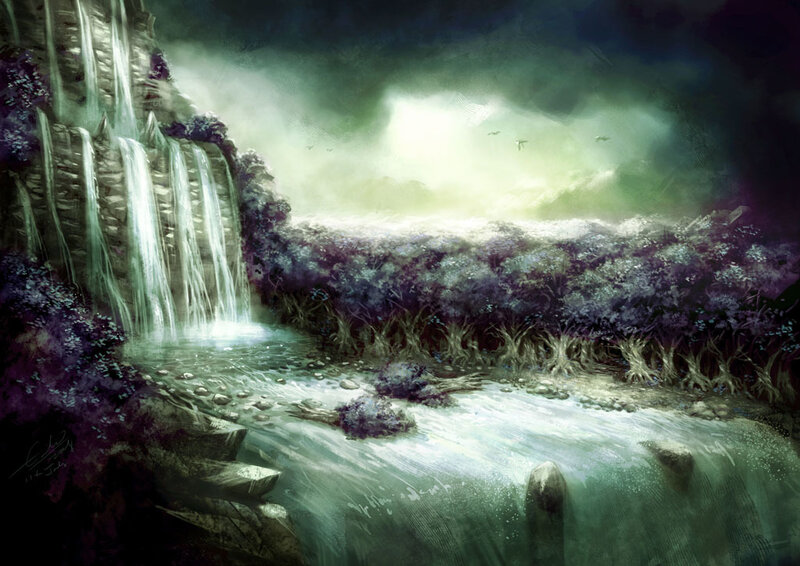Waterfall in Forest — Green, Dramatic, Night