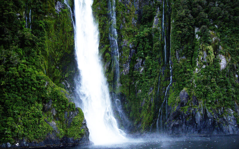 Waterfall in Forest — Green, Dramatic, Photograph, Cliff, River, White