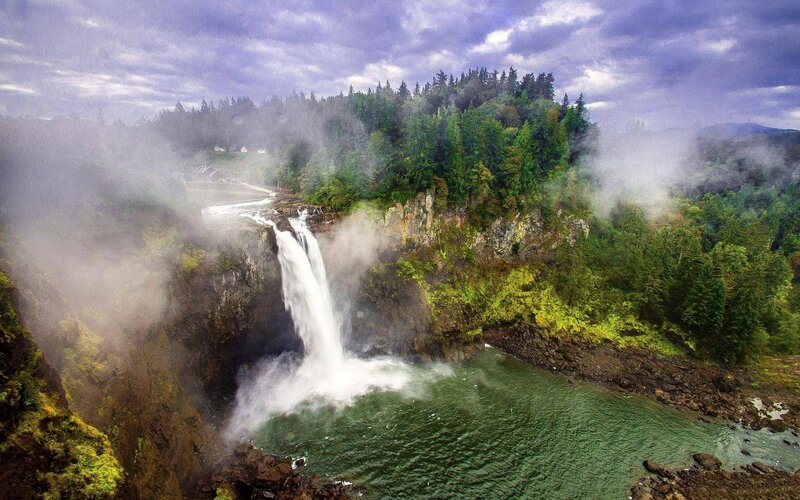 Waterfall in Forest — Green, Dramatic, Photograph, River