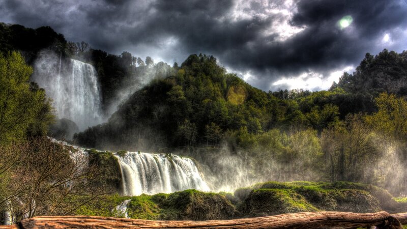 Waterfall in Forest — Green, Dramatic, Photograph, Trees, Clouds