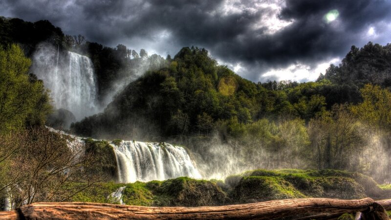 Waterfall in Forest — Green, Dramatic, Photograph, Trees, Mists