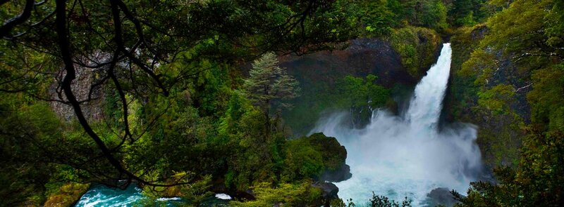 Waterfall in Forest — Green, Dramatic, Photograph, Trees, River, Rocks