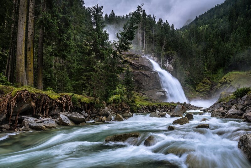 Waterfall in Forest — Green, Dramatic, Photograph, Trees, River