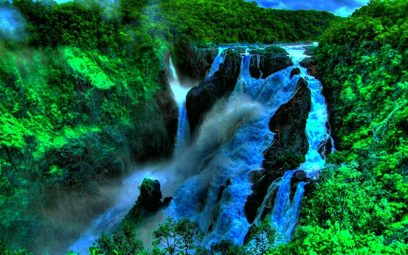 Waterfall in Forest — Green, Dramatic, Photograph, Trees, Rocks, Mist