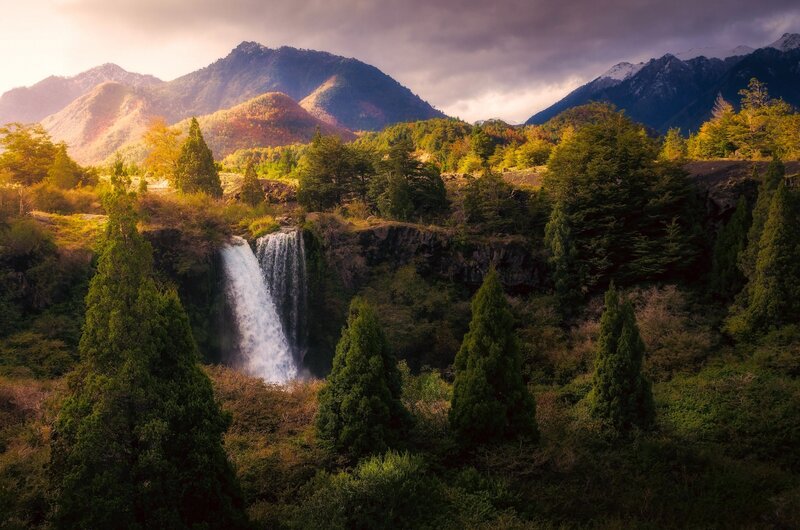 Waterfall in Forest — Green, Dramatic, Sunset