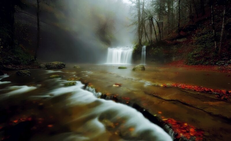 Waterfall in Forest — Green, Misty, Autumn