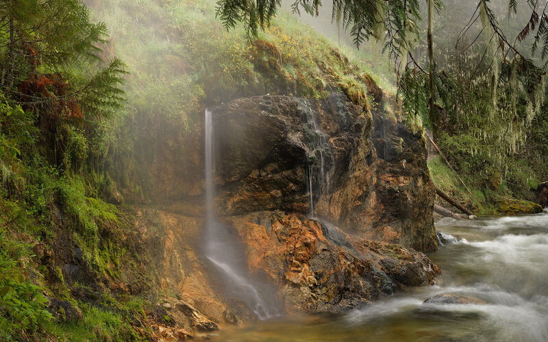 Waterfall in Forest — Green, Misty, Morning