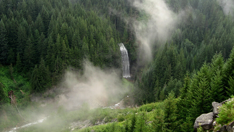 Waterfall in Forest — Green, Misty, Photograph, Mist