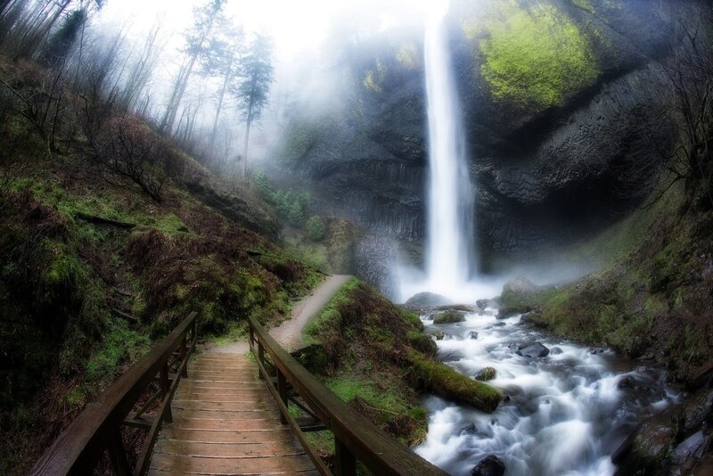 Waterfall in Forest — Green, Misty, Photograph, Path, River