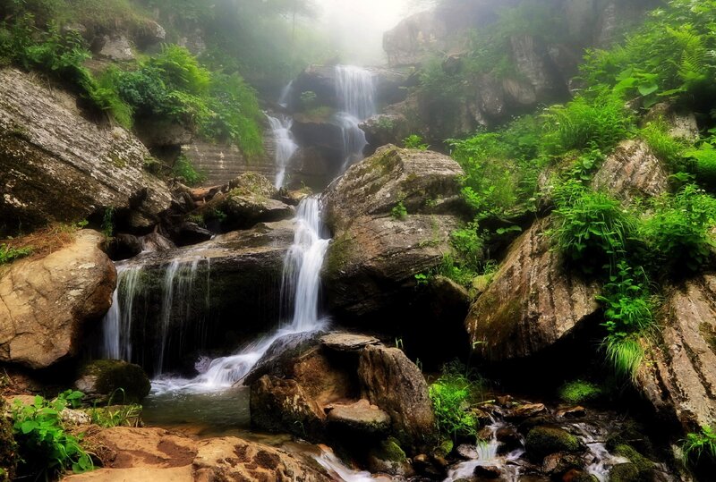 Waterfall in Forest — Green, Misty, Photograph, Rocks