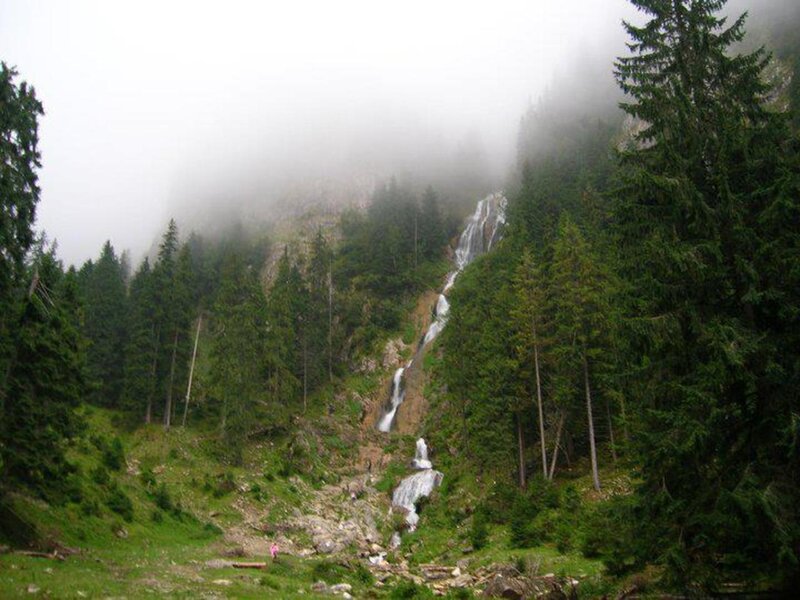 Waterfall in Forest — Green, Misty, Photograph, Trees, Mountain