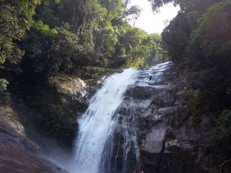 Waterfall in Forest — Green, Natural, Afternoon, Photograph, Trees, Rocks, Mist