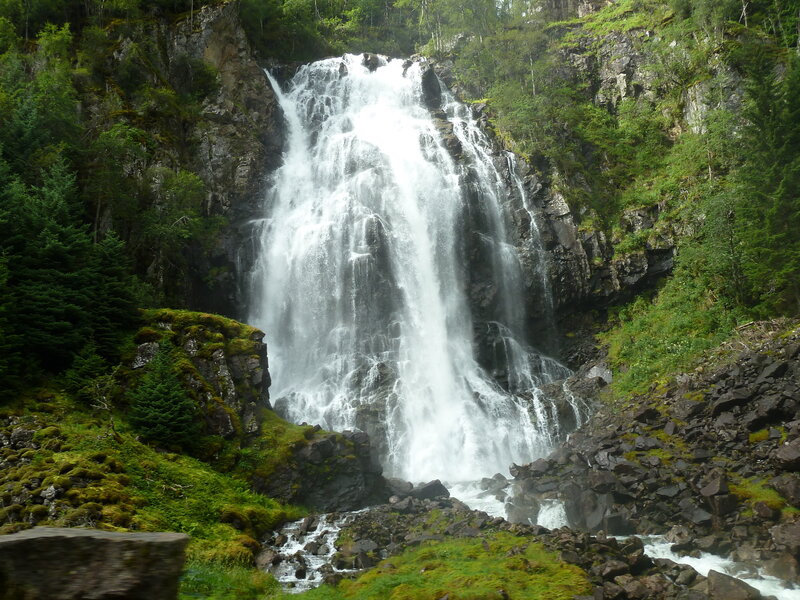Waterfall in Forest — Green, Natural, Afternoon, Photograph, Trees, Rocks, Moss