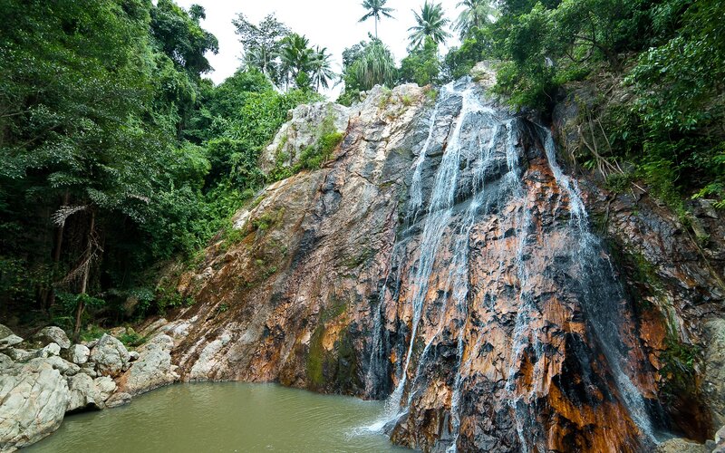 Waterfall in Forest — Green, Natural, Afternoon, Photograph, Trees, Rocks, Pool, Brown