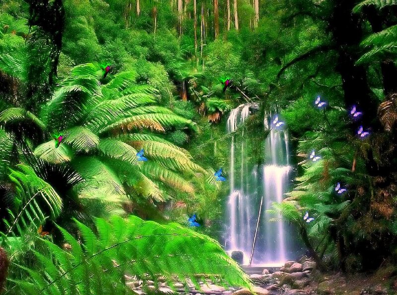 Waterfall in Forest — Green, Serene, Afternoon, Digital Art, Butterflies, Ferns