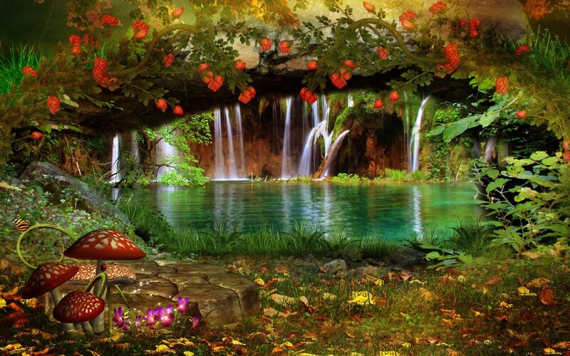 Waterfall in Forest — Green, Serene, Afternoon, Digital Art, Mushrooms, Flowers