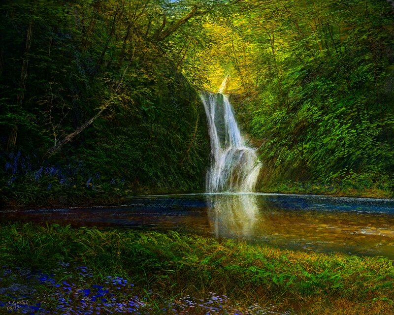 Waterfall in Forest — Green, Serene, Afternoon, Digital Art, River