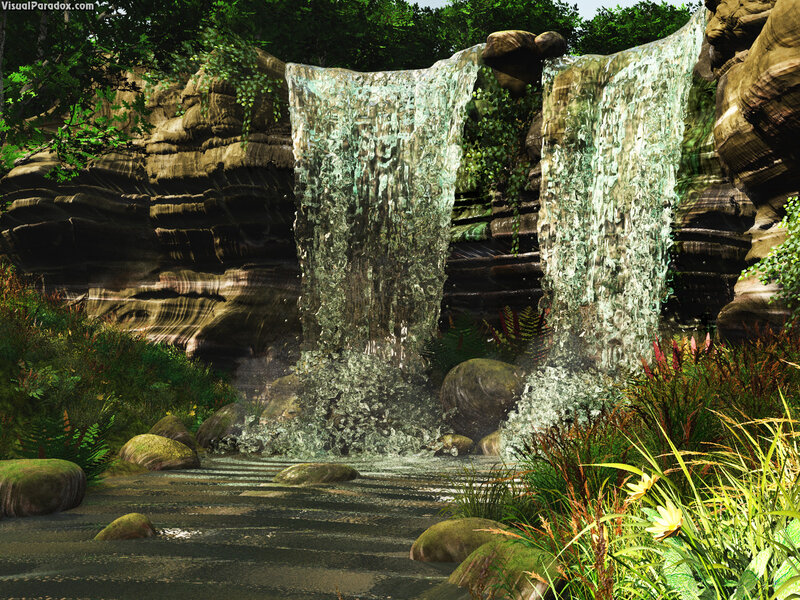 Waterfall in Forest — Green, Serene, Afternoon, Digital Art, Rocks