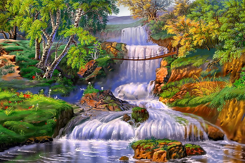Waterfall in Forest — Green, Serene, Afternoon, Digital Art, Trees, Bridge