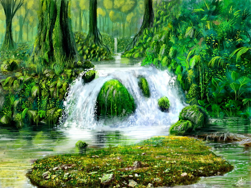 Waterfall in Forest — Green, Serene, Afternoon, Digital Art, Trees, River