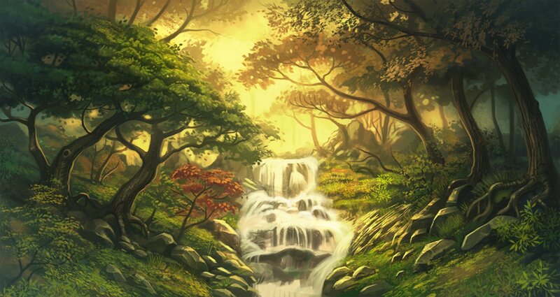 Waterfall in Forest — Green, Serene, Afternoon, Digital Art, Trees, Stream