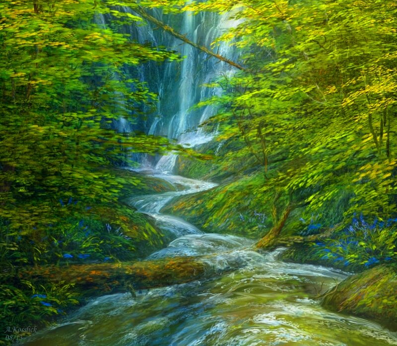 Waterfall in Forest — Green, Serene, Afternoon, Painting, Stream