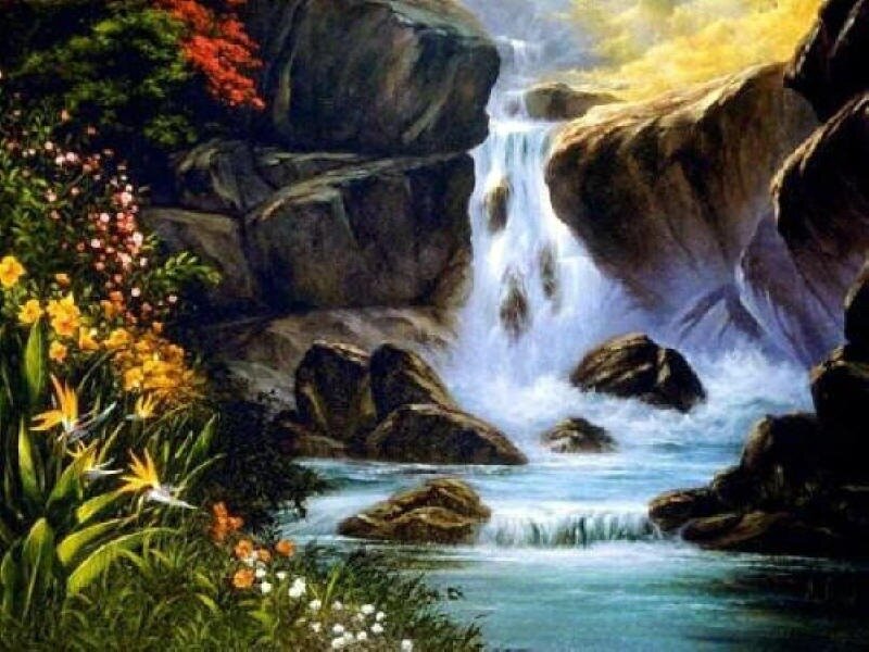 Waterfall in Forest — Green, Serene, Afternoon, Painting