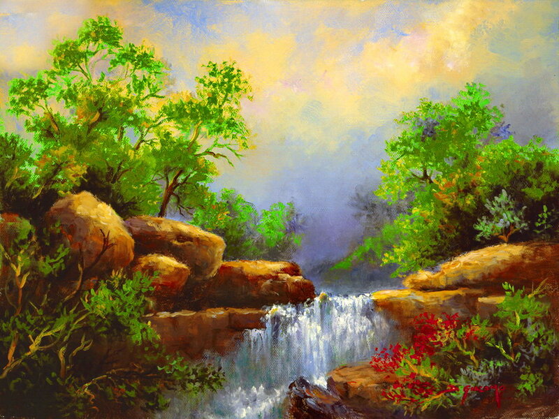 Waterfall in Forest — Green, Serene, Afternoon, Painting, Trees, Rocks, Flowers