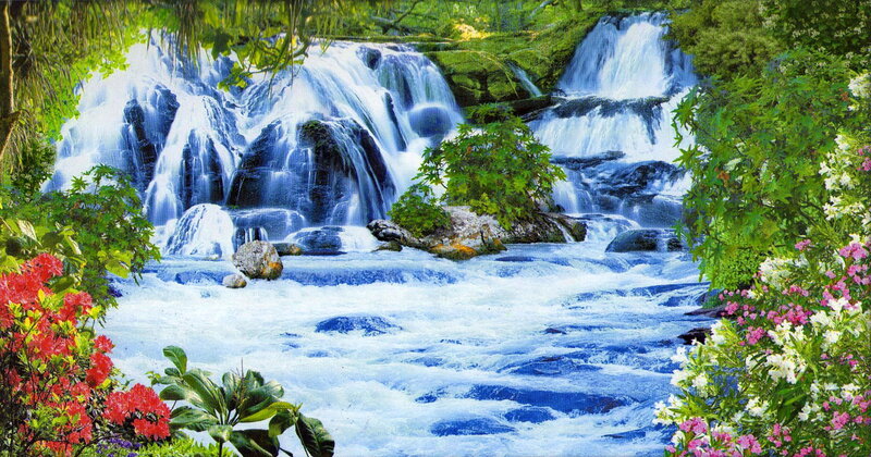 Waterfall in Forest — Green, Serene, Afternoon, Photograph, Flowers, Rocks