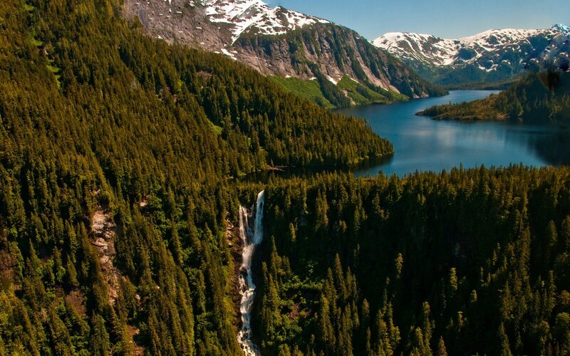 Waterfall in Forest — Green, Serene, Afternoon, Photograph, Mountains, Lake