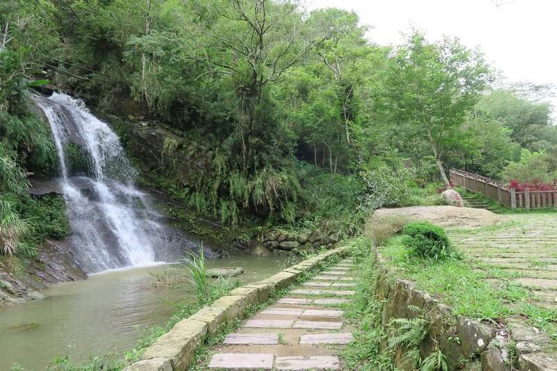 Waterfall in Forest — Green, Serene, Afternoon, Photograph, Path