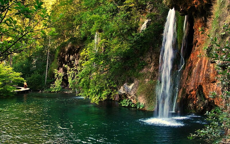 Waterfall in Forest — Green, Serene, Afternoon, Photograph, Pool, Person