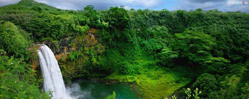 Waterfall in Forest — Green, Serene, Afternoon, Photograph, River, Cliff, Blue, White