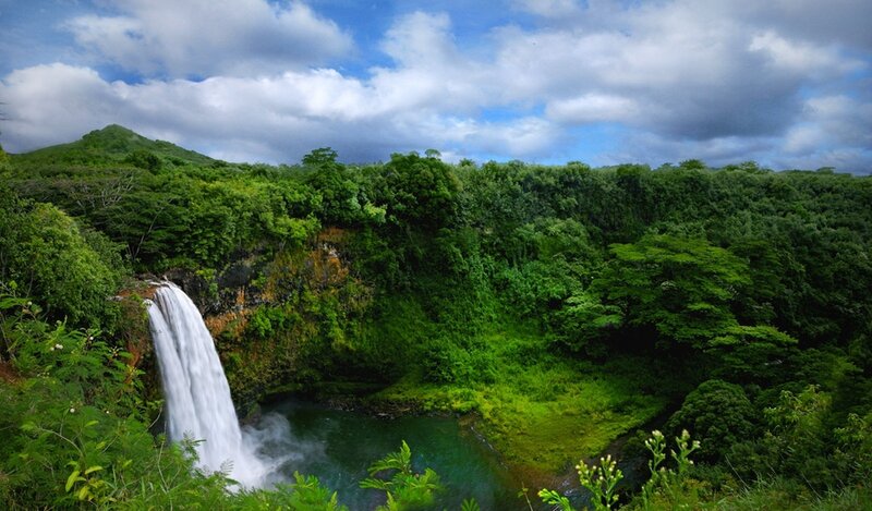 Waterfall in Forest — Green, Serene, Afternoon, Photograph, River, Clouds